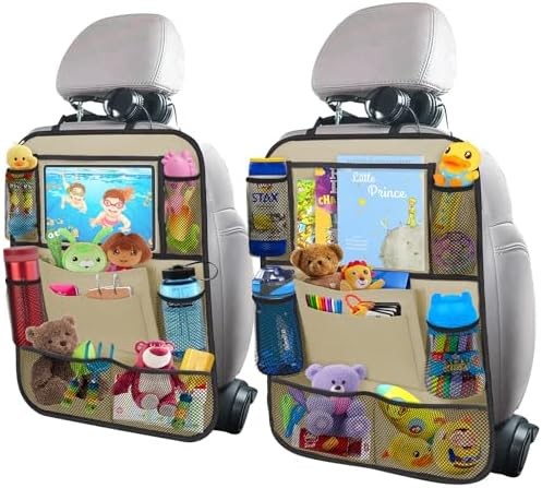 ULEEKA Car Backseat Organizer with 11" Table Holder, 10 Storage Pockets Seat Back Protectors Kick Mats for Kids Toddlers, Travel Accessories, 2 Pack, Beige