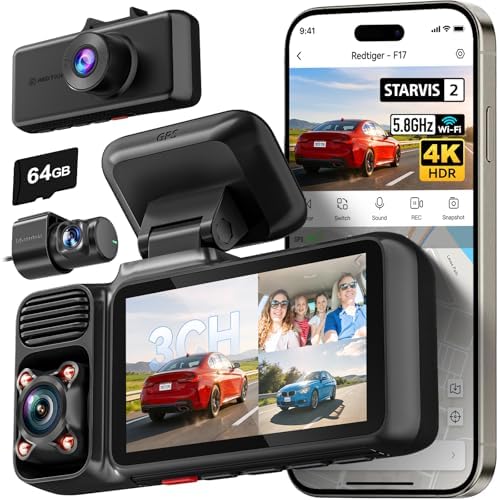 REDTIGER F17 4K 3CH Dash Cam, STARVIS 2 Sensor HDR, 64GB Card, 5.8GHz WiFi