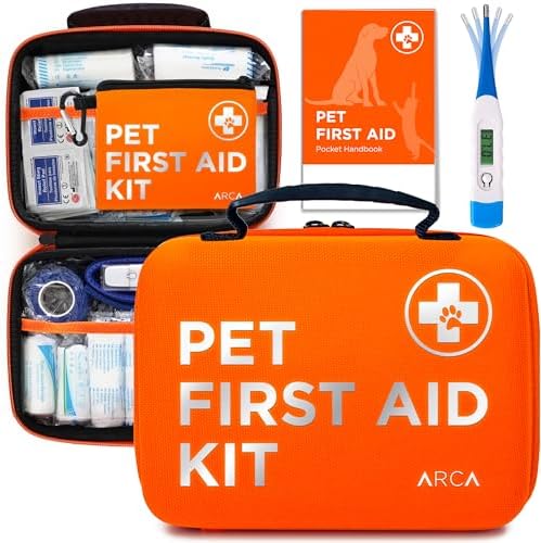 ARCA PET Cat & Dog First Aid Kit for Car - Pet Emergency Kit for Home Office Travel – Dog Camping Essentials with Digital Thermometer, Muzzle & Mini First Aid Pouch