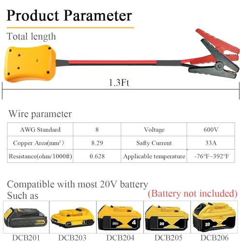 Jumper Cables with Adapter Compatible with Dewalt 20V Battery, 1.3FT 8AWG