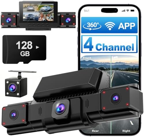 4 Channel 360° Dash Cam Front and Rear, 128GB Card, WiFi App Control, WDR