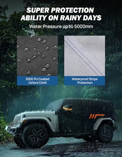JOYTUTUS Wrangler Cab Cover Waterproof 4 Door for Wrangler JK JL 4 Doors 2007-2026, Paint-Safe Lining Car Cover with Zipper Access, UV50+ Windproof All-Weather Protection, Top On/Off Compatible