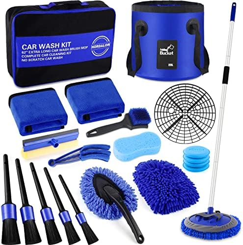 21Pcs Car Wash Kit,62" Car Wash Brush Mop with Long Handle,Car Cleaning Kit,Car Detailing Brush Set,Car Wash Bucket with Filter,Windshield Window Squeegee for Cars RV Truck Boat (Blue)