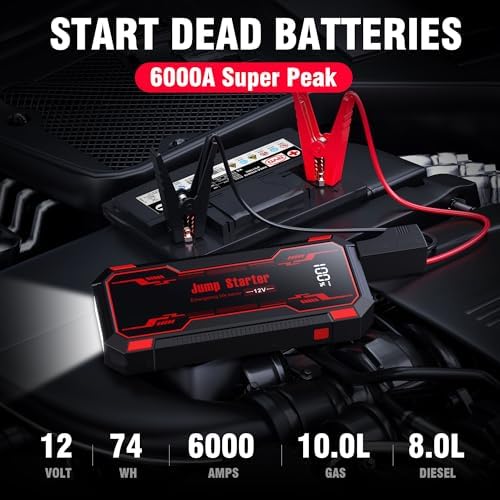Car Jump Starter 6000A Car Battery Jump Starter Portable,12V Battery Jumper Starter Portable(10.0L Gas/8.0L Diesel),LCD Display Jump Box Jump Starter Battery Pack with Jumper Cables & Flashlight-Red