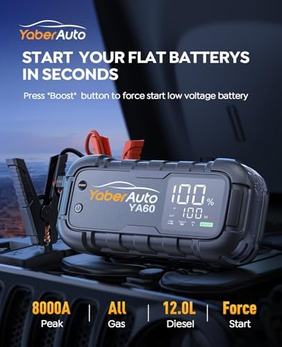 YaberAuto 8000A Jump Starter 99Wh 65W Fast Charging (All Gas/12.0L Diesel)