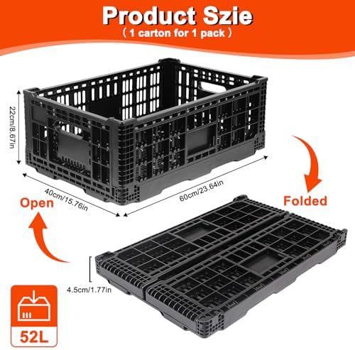 52L Milk Crate, Plastic Storage Crate with Handles, | Hold 130 lbs Per Bin, Large Collapsible Storage Bins for Home Organizing, Tools, Books, Camping & Transport