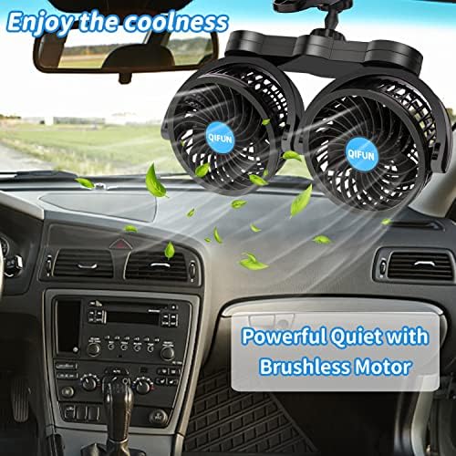 QIFUN Car Fan Adjustable Dual Head 12V 360° Rotatable 4 Inches Car Clip Fan for Front/Rear Seat Passenger Car Essentials Cooler with Stepless Speed Regulation for Vehicle SUV, RV