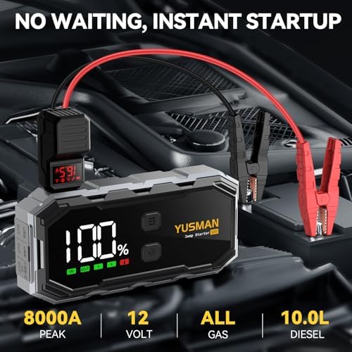 YUSMAN Car Jump Starter, 8000A 12V Jump Battery Pack (All Gas/10.0L Diesel), Portable Jump Starter with Display, Car Jump Starter with Extended Smart Cables, Quick Charge 3.0, LED Light