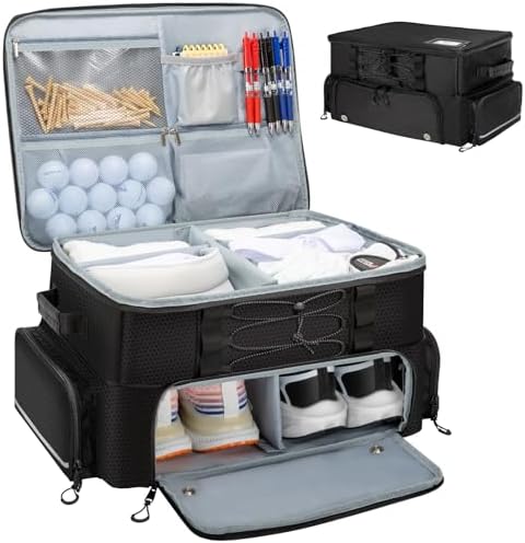 Golf Trunk Organizer, 2 Layer Car Golf Locker with Separate Ventilated Compartment for 2 Shoes, Golf Storage Bag for Golfs Balls, Tees, Glove, Accessories