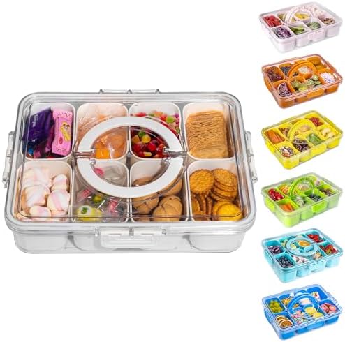 WACOI Divided Snack Serving Tray with Lid and Handle travel Snackle Box Charcuterie Container Portable Storage Organizer for Candy, Fruits, Nuts, Snacks 1Pack White