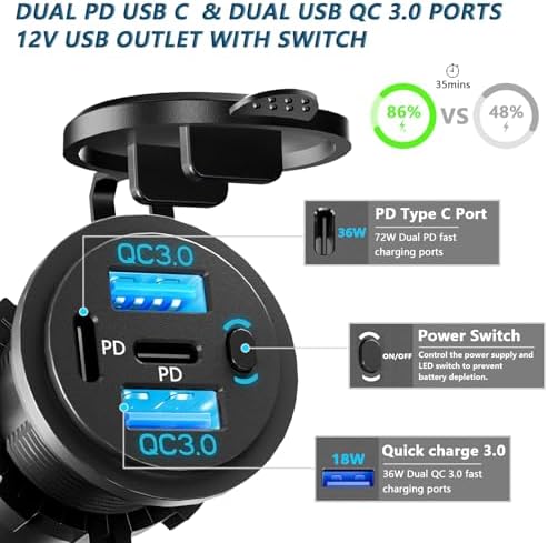 VANONE 12V USB Outlet Socket with On/Off Switch – 4-Port Fast Charging