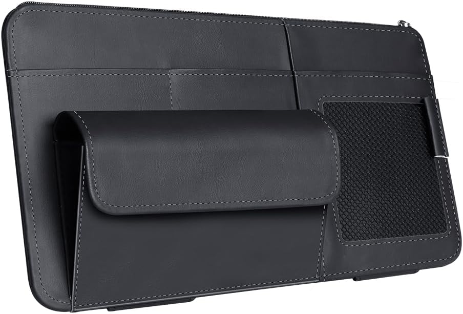 Car Visor Organizer, Multi-Pocket Sunvisor Storage with Sunglass Holder, Document Holder and Visor Card Clip, Fit for AUTO SUV & Truck, Leather Car Accessories Interior (Black)
