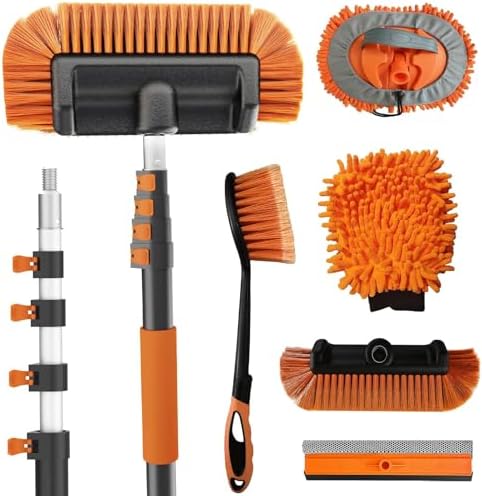 Buyplus 18FT Reach Car Wash Brush with Long Handle - Car Cleaning Kit with 3-12FT Extension Pole, Wheel Brush, Microfiber Cleaning Mop, Mitt, Window Squeegee for RV Truck SUV Boat Solar Pane Washing