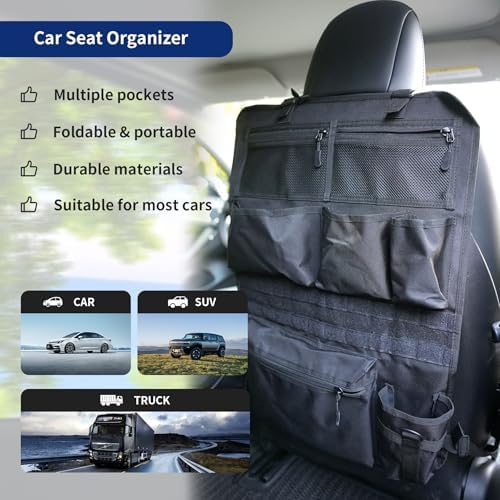 Backseat Car Organizer,Tactical Car Seat Back Organizer, Kick Mats Back Seat Protector with Three Zippered Storage pockets, Travel Accessories with 8 Storage Pockets And DIY zone (Black)