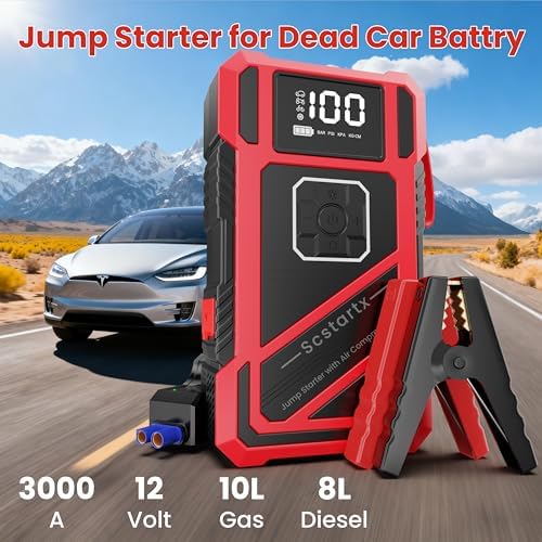 3000A Peak Car Jump Starter with 150PSI Air Compressor – Smart Jump Cable, LED Flashlight & USB Charger, 12V Emergency Starter for Vehicles up to 10L Gas & 8L Diesel