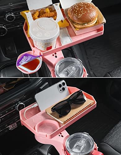 JoyTutus Cup Holder Tray for Car, Car Cup Holder Expander with 360°Rotation Tray, Large Cup Drink Holder Fit for Yeti/Hydro Flask, Detachable Food Tray Table, Pink Car Accessories