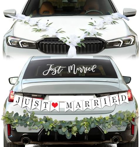 Just Married Car Decorations Kit Wedding Car Decor with Artificial White Roses Banner Flower Vine Tulle Ribbon Sign Stickers Getaway Car Accessories for Bride and Groom Send Off SUV Truck