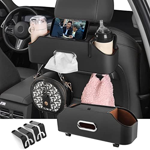HOLDCY Car Back Seat Organizer with 2 Drink Cup Holder - Tissue Box and Storage Box Hook - Multi-functional Storage - Great for Kids and Travel (Black)