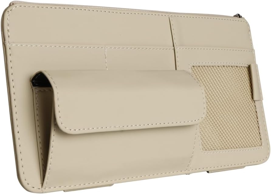 Car Visor Organizer, Multi-Pocket Sunvisor Storage with Sunglass Holder, Document Holder and Visor Card Clip, Fit for AUTO SUV & Truck, Leather Car Accessories Interior (Cream)