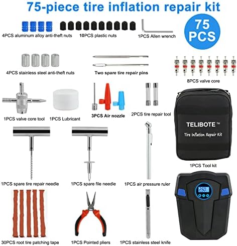 Tire Repair Kit, Tire Inflator Portable Air Compressor, Heavy Duty Flat Tire Repair Kit With 12V Air Pump For SVU, Car, Motorcycle, Truck, RV And Other Tire Repair