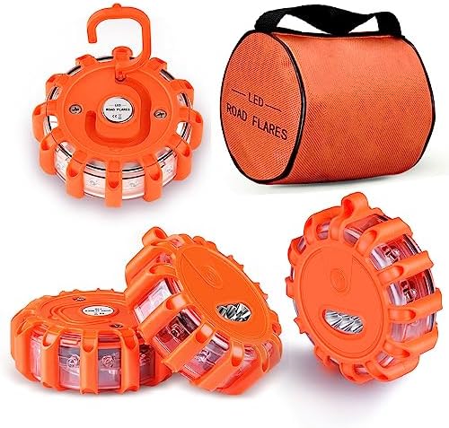 4 Pack LED Road Flares Emergency Lights, 9 Glow Modes Roadside Emergency Warning Car Safety Beacon Flashing Disc Flare Kit with Magnetic Base & Hook for Vehicles,Cars,Truck,Boat(NO Battery Included)