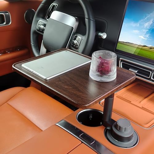 Car Desk for Laptop,360° Rotating Cup Holder Table,Wood Car Tray, Car Table & Car Food Tray,Steering Wheel Tray, Car Accessories for Women & Men. Compatible with Tesla Model Y/3/S, Ford F150& Most