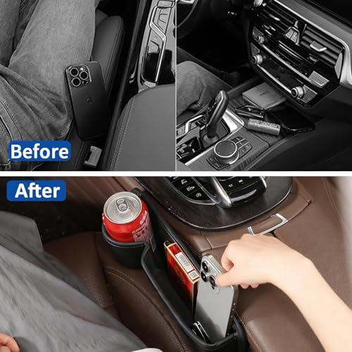 2 Pack Car Seat Gap Filler with Cup Holder, Suede Car Seat Gap Plug with Storage Slot for Filler Between Car Seat and Console, Universal Fit Sedans, SUVs, MPVs, Most Vehicles (Black)