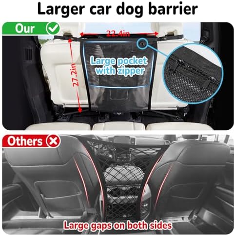 Dog Car Barrier,Pet Barrier with Larger Zipper Organizer Storage,Car Divider Net for Dogs,Dog Barrier for Car/SUV/Truck