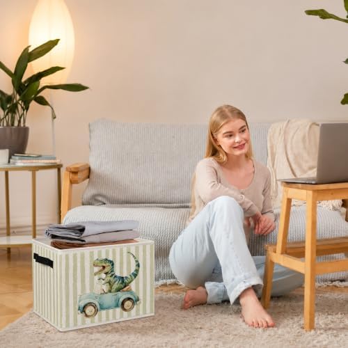 Dinosaur Car Boy Nursery Storage Bins with Handles | Dinosaur Racing Car Green Striped Foldable Collapsible Storage Basket Organizer for Kids Room Bedroom Bathroom Books Clothes