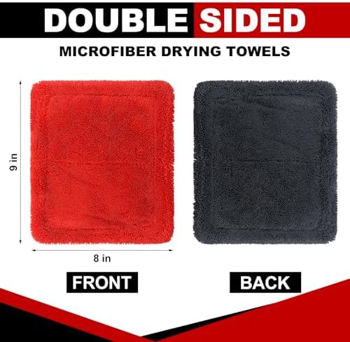 Hahafelt Microfiber Car Drying Towel 6-Pack, Dual-Sided Double-Twist Pile Wash Pad for Cars Detailing, Streak-Free Cleaning for Auto Glass Windows Wheels, Reusable Car Care Cloth, 9'' x 8''