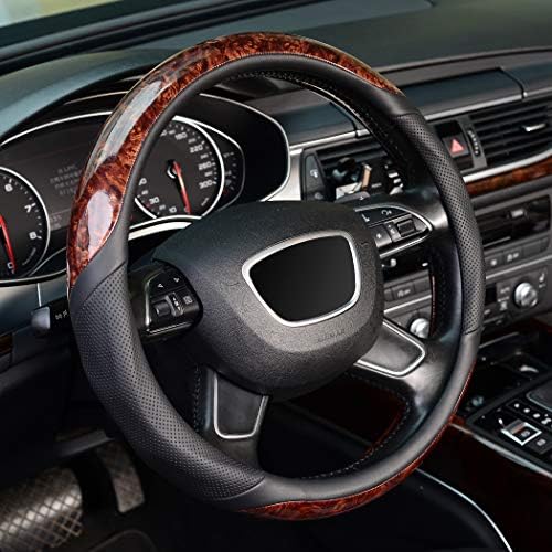 KAFEEK Wood Grain Steering Wheel Cover, Microfiber Leather, 15 Inch