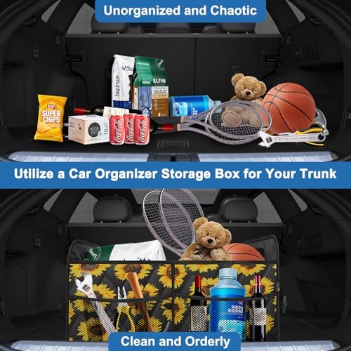 Olosar Collapsible Trunk Organizer - Portable SUV Car Accessories for Women/Men, Any Car, Mini-Van, Sunflower