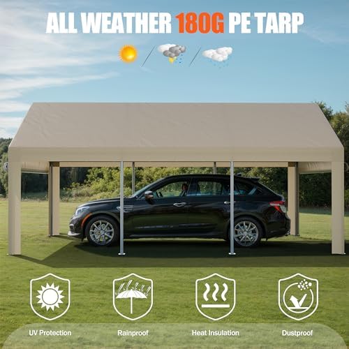 JAMFLY 12x20 ft Heavy Duty Carport with Roll-up Windows, Portable Garage with Removable Sidewalls & Doors, Car Canopy with Sandbags and All-Season Tarp for Car, Truck, Boat, Motorcycle, Khaki