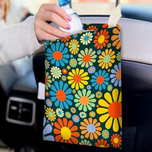 Car Trash Bag Hanging No Snap Small Garbage Bag for Car Back Seat Cute Printed One-handed Strap Trash Bags Car Accessories-Hippie Flower Car Trash Bags
