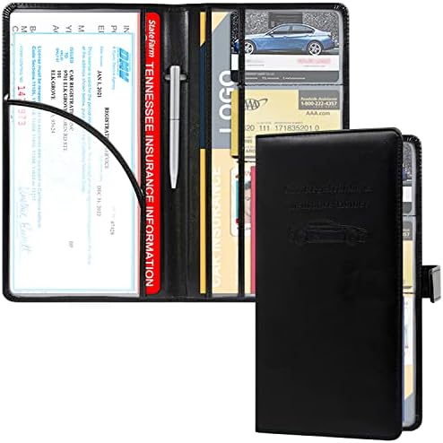 RSAquar Car Registration and Insurance Holder, Leather Car Glove Box Organizer, Cool Car Accessories for ID, Driver's License Cards & Essential Document, Men&Women, Black