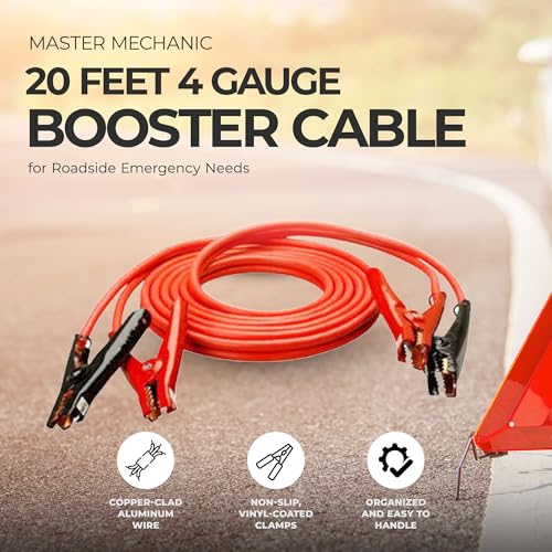 Master Mechanic Heavy-Duty Booster Cables, 4 Gauge, Red, 20 Feet