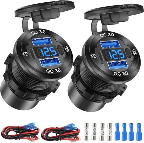 2 Pack 12V USB Outlet Wire Aluminum Car Charger Multi Port, Dual Quick Charge 3.0 Port and PD USB C Socket with Voltmeter Switch for Car Boat Marine Truck RV, Fast Charge for Phones lPad, etc.