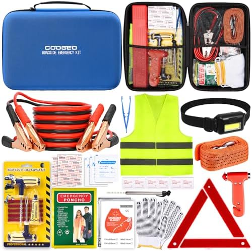 15PC Car Emergency Kit with Jumper Cables, Roadside Assistance Safety Kit for Auto & Truck, Includes Safety Hammers, Tow Strap, Warning Triangle, First Aid, Gifts for Young Men or Women, Blue
