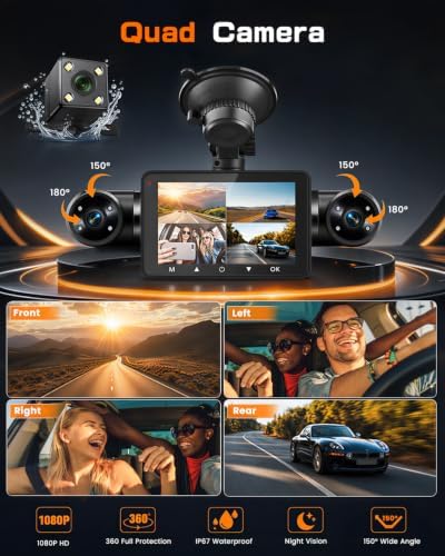 Inefala 3" Car Dash Cam Front and Rear 4 Channel 1080P Dash Camera for Cars