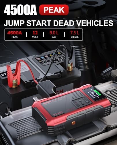 4500A Car Jump Starter with Air Compressor, Portable Battery Charger Jumpstart 12V Vehicle, Power Pack with 150PSI Tire Inflator for 9.0L Gas/7.5L Diesel Engines Jump Box with Light and Jumper Cable