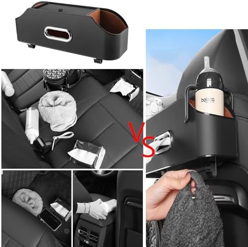 Car Back Seat Organizer with 2 Drink Cup Holder and Tissue Box, Headrest Hanging Storage Box with Hooks and Phone Holder, Multi-Functional Storage for Kids and Travel. (Black)