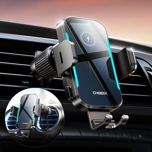 Wireless Car Charger, 15W Fast Charging Car Phone Holder Charger Auto-Clamping Air Vent Car Phone Mount with Blue LED Backlit for iPhone 16 15 14 13 12, Samsung S24 S23 S22, etc