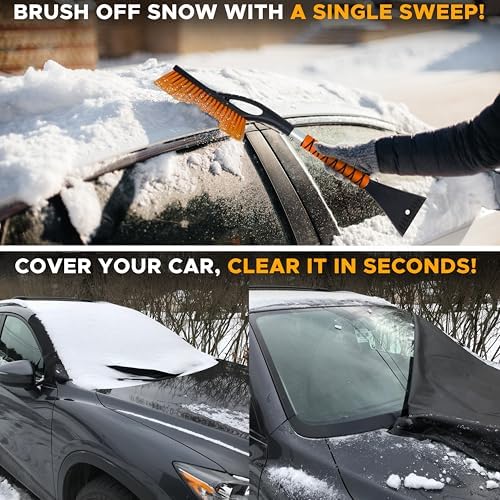 EcoNour Car Windshield Cover for Ice and Snow (69"x42") | Snow Brush and Ice Scrapers for Car (1 Pack) with Scratch Free Bristle Head | Winter Car Kit for Cars, Trucks, SUVs