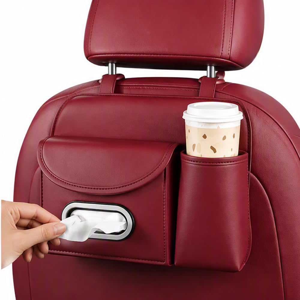 2 in 1 Car Back Seat Organizer, Car Cup Holder & Tissue Box Holder, Nappa Leather Car Seat Organizer Backseat Storage for Sedan SUV MPV Family Travel (Black)