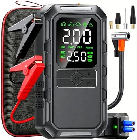 10-in-1 8000A Jump Starter with Air Compressor Portable, 12v Car Battery Jumper Starter with LED Flash Function, 180spi Air Pump Tire Pressure Display Supports 7L Gasoline and 6L Diesel Engine