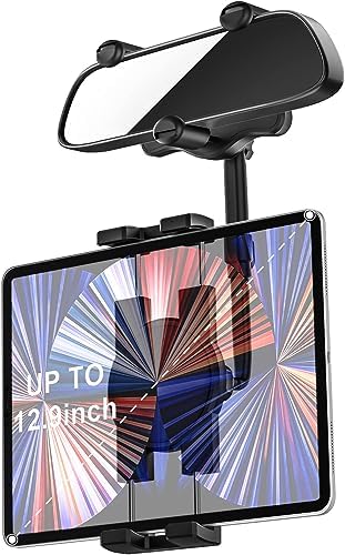 Rearview Mirror Tablet Holder for Car, Rear View Mirror Car Tablet Mount, 360° Rotatable Adjustable Universal Clip, for iPad Pro Air Mini, Galaxy Tabs, Z Fold, Fire HD, iPhone, 4.7-11" Devices