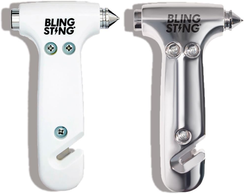 BLINGSTING Safety Hammer - Emergency Automotive Escape Tool with Window Breaker, Seat Belt Cutter & Adjustable Car Visor Strap - Tempered Glass Breaker - Steel Blade - White (1 Count)