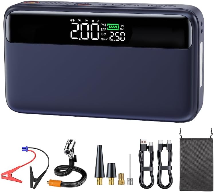 PD 65W Portable Car Jump Starter with Air Compressor,3000A Portable Jump Starter Pack with 150PSI Tire Inflator,(Up to 8L Gas/6.5L Diesel Engine),Fast Charging Power Bank (Pink)