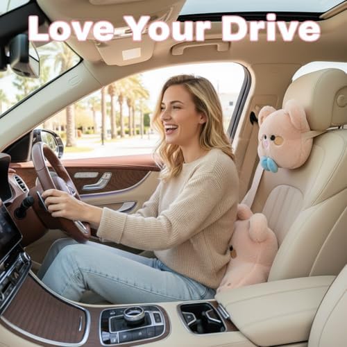 Cute Plush Bear Car Headrest & Lumbar Support Set, Soft Neck & Back Support Pillow for Comfortable Driving All Season(Set of 2)