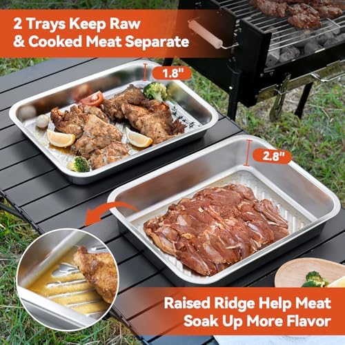 5-in-1 Grill Prep Tray and Carry System, Outdoor Grilling Prep & Serve BBQ Food Tray Accessories, Stainless Steel Meat Marinating Container with Lid & Cutting Board, Metal Cooked Meat Platter